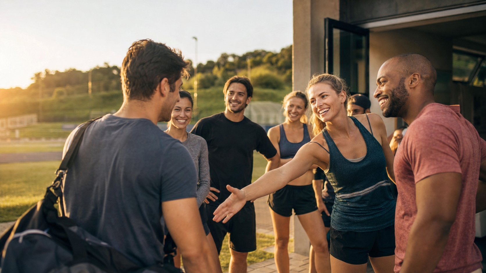 Nouveau membre accueilli chaleureusement par un groupe sportif devant un club-house
