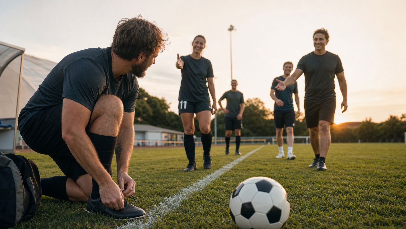 Adulte qui renoue ses chaussures de football au bord du terrain avant de rejoindre son équipe