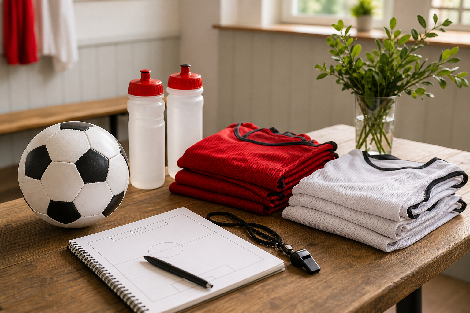 Ballon, chasubles, gourdes et carnet tactique dans une salle de club